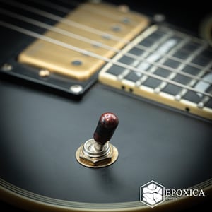May include: A matte black electric guitar body featuring a metallic toggle switch with a dark red marbled cap, a gold-colored humbucker pickup, and a fretboard with silver frets. The logo EPOXICA Guitara is visible in the bottom right corner.