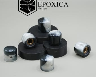 Marble Fade-gitaarknoppen – zwarte en parelhars bedieningsknoppenset – 1/4” massieve schacht – handgemaakte boutique gitaarhardware