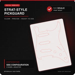 Puede incluir: Una plantilla digital para un golpeador estilo Strat con configuración SSS, que incluye 3 perillas y un selector. El gráfico blanco muestra el contorno en líneas rojas, etiquetado a escala 1:1, listo para imprimir por Epoxica Guitars.