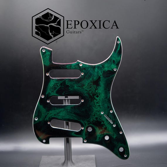 Neon Abyss Strat Pickguard – Green Black Resin guard – Stratocaster 11 Hole – Epoxica INK Series