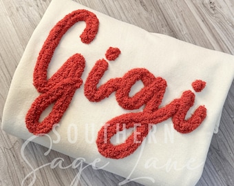 GiGi Sweatshirt, Grandma Christmas Gift, Chenille Yarn Sweatshirt, Personalized Sweatshirt, Embroidered Grandma Sweatshirt, Gigi Crewneck