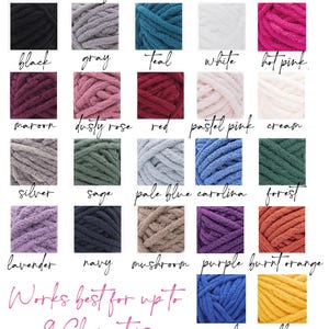 May include: A color chart of medium yarn from Southern Sage Lane, featuring various shades like black, gray, teal, white, hot pink, maroon, dusty rose, red, pastel pink, cream, silver, sage, pale blue, carolina, forest, lavender, navy, mushroom, purple, burnt orange, royal, and yellow.
