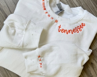 Chain Stitch Tennessee Sweatshirt, TN Pullover, Distressed Sweatshirt, Custom Vintage Style Pullover, Embroidered Collar Tennessee Crewneck