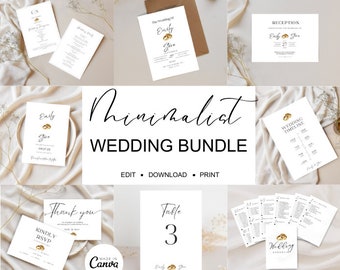 May include: A minimalist wedding bundle featuring various stationery items. The design includes invitations, RSVP cards, table numbers, and a wedding timeline. The text is in black, with gold ring accents, on a white background. The words "Minimalist Wedding Bundle" are prominently displayed.