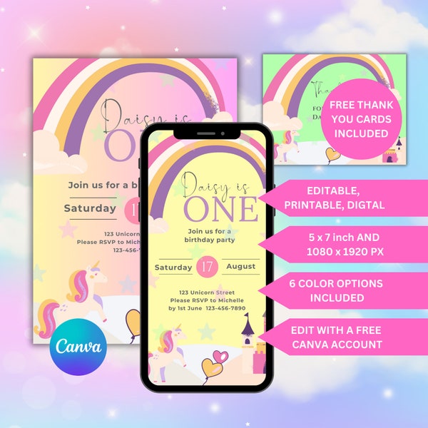 Unicorn Rainbow Birthday Invitation. Bright Colored Invite Unicorn Theme. Free Matching Thank You Cards. Editable Digital Printable Download