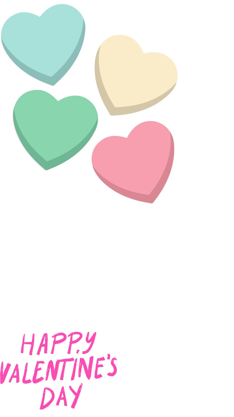 May include: Four candy hearts in different colors: light blue, light yellow, light green, and pink. The hearts are arranged in a cluster. The text "HAPPY VALENTINE'S DAY" is written in pink below the hearts.