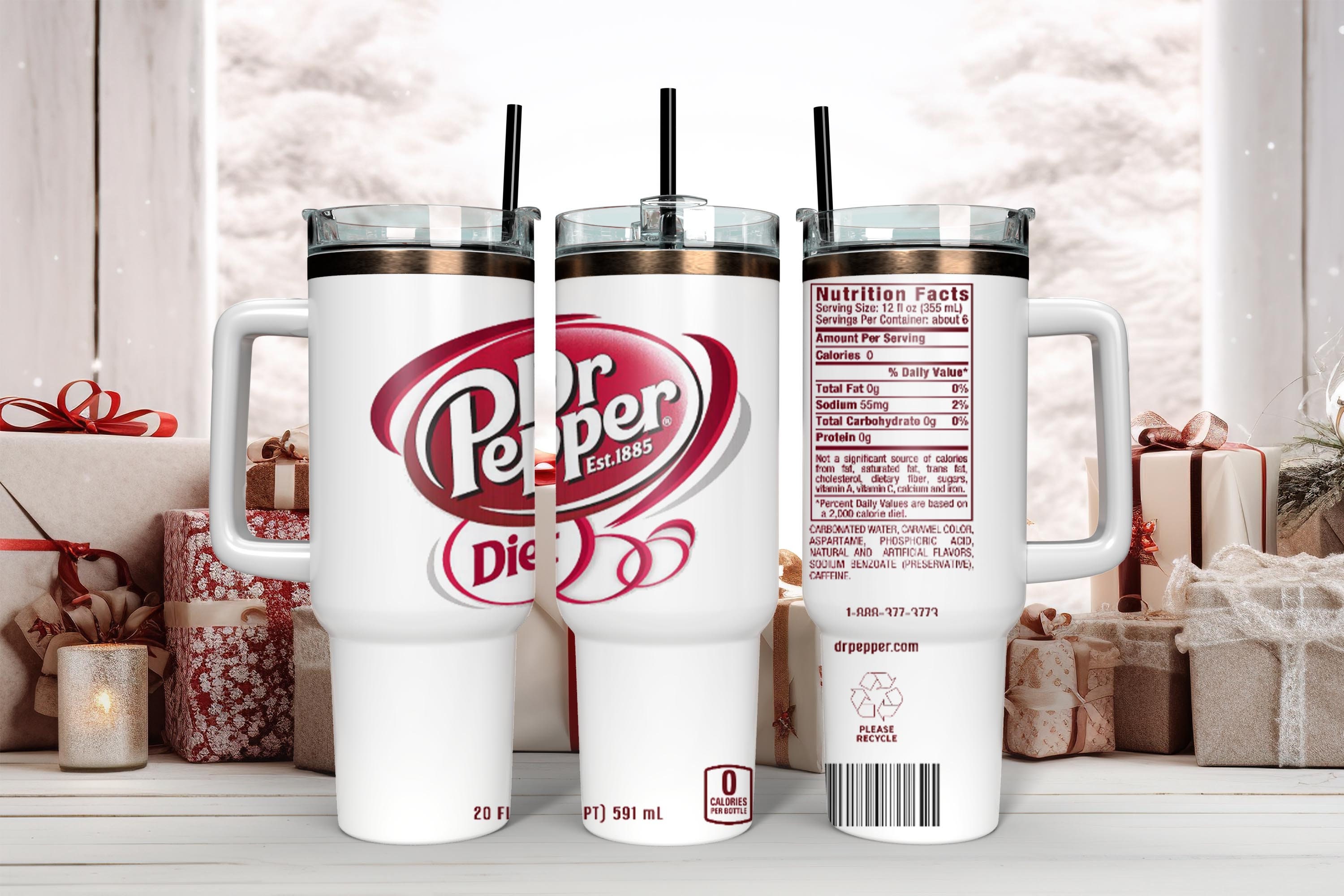 Vaso de acero inoxidable Diet Dr Pepper de 40 oz hecho a mano con tapa y pajita