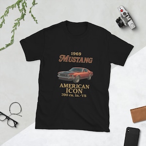 1969 Mustang Shirt American Muscle Car Tee Vintage V8 390 Classic Ford Mustang Gift for Car Lovers Retro Car Graphic T Shirt for Men