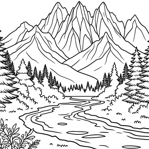 Mountain Retreat Coloring PDF: Bob Ross-Inspired Serene Peaks and River for Creative Relaxation
