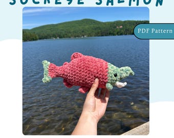 No-Sew Crochet Salmon PDF Pattern| Intermediate US Crochet Pattern| DIY Amigurumi Fish| Crochet Sockeye Salmon Pattern| Market Fish Pattern