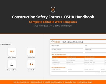 Construction Safety Forms Bundle | OSHA Safety Handbook | 10 Editable Word Templates | Blue Collar Docs