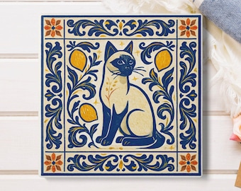 Keramikuntersetzer im sizilianischen Stil „Siamesische Katze“: Küchendekoration im italienischen Stil – Korkrückseite