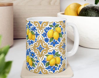 Taza de cerámica con diseño de mosaico de limón siciliano / Diseño de mosaico de cítricos mediterráneos
