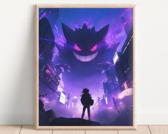 Gengar Vs Pokemon Trainer Art Poster, Video Game Art, Pokemon Fanart, Gamer Room Decor, Kids Room, Ghost Type Print, Anime Fanart