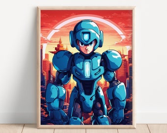Megaman Inspired Art Poster, Video Game Scene Print, Video Game Decor Gamer Room Art, Retro Video Games, Robot Art, Anime Art Print