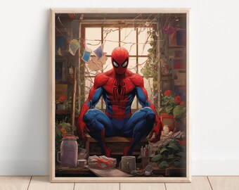 Spiderman In Ghibli Style Room, Studio Ghibli Art, Anime Art Print, Super Hero Decor, Comic Book Art, Kids Room Art, Fanart, Gamer Room