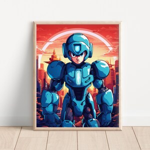 Megaman Inspired Art Poster, Video Game Scene Print, Video Game Decor Gamer Room Art, Retro Video Games, Robot Art, Anime Art Print
