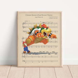 So Long King Bowser Themed Music Sheet Art Print, Super Mario 64 Art Poster, Video Game Art, Gamer Room Decor, Super Mario Art, Bowser Art