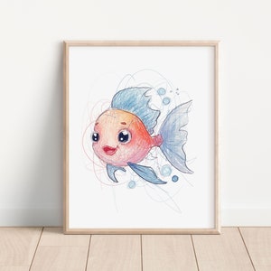 Cute Scribble Drawing of Fish, Sea Creature Art, Animal Kingdom Art, Kids Room Art, Baby Room Decor, Nursery Art Decor, Cute Illustrations