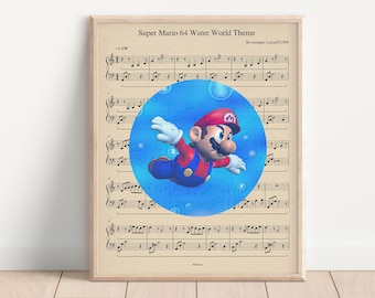Puede incluir: Un póster de partitura imprimible con el tema del mundo acuático de Super Mario 64. El póster tiene un círculo azul con una imagen 3D de Mario nadando en una burbuja. El texto "Super Mario 64 Water World Theme" está en la parte superior del póster.