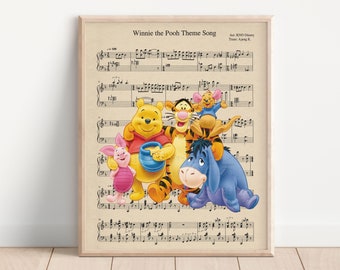Winnie the Pooh Themed Music Sheet Art Print, Kids Movie Art Print, Tiger Art Print, Kids Movie, Princess Art, Home Decor