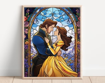 Princess Belle and Prince Adam Stained Glass Art Print, Beauty and the Beast Art, Princess Room Artwork, Kids Room Decor, Fantasy Art
