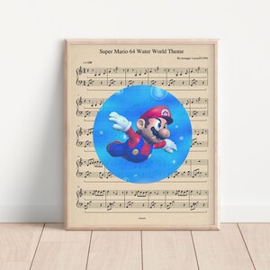 Super Mario Themed Music Sheet Art Print, Super Mario 64 Art, Mario Water Level Art, Gamer Room Decor, Video Game Artwork
