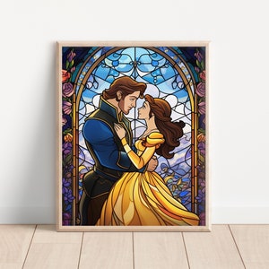 Princess Belle and Prince Adam Stained Glass Art Print, Beauty and the Beast Art, Princess Room Artwork, Kids Room Decor, Fantasy Art