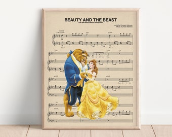 Beauty and the Beast Themed Music Sheet Art Print, Wedding Gift Art, Movie Art Poster, Princess Art, Kids Room Decor