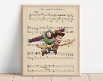 You've Got a Friend in Me Themed Music Sheet Art Print, Toy Story Art Print, Woody and Buz Art, Kids Room Art, Home Decor, Game Room