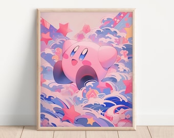 Kirby's Dreamland Art Print, Kirby Super Star Art Poster, Video Game Art, Japanese Tapestry Decor, Gamer Room Decor, Super Smash Bros