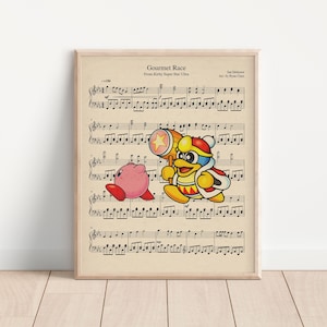 May include: A printable sheet music score for the song "Gourmet Race" from the video game "Kirby Super Star Ultra". The sheet music features a cartoon image of Kirby and King Dedede.