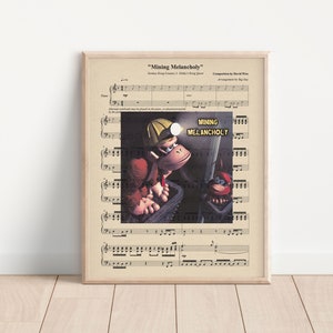 Mining Melancholy Themed Music Sheet Art Print, Donkey Kong Country Print, Video Game Art, Snes Art Print, Gamer Room Art Decor