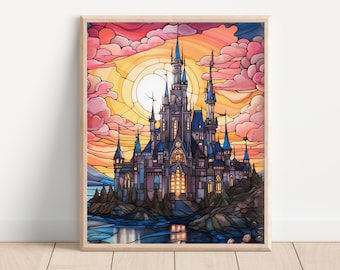 Magic Kingdom Inspired Stained Glass Art Print, Princess Castle Art, Fantasy Art Decor, Fairy Tale Art, Cinderella Castle, Kids Room Artwork