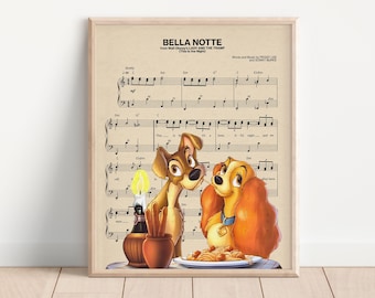 Lady and The Tramp Themed Music Sheet Art Print, Art Movie Poster, Home Decor Art, Princess Artwork, Kids Room Art