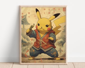 Samurai Pikachu Art Print, Pokemon Art Print, Video Game Art, Gamer Room Decor, Japanese Tapestry, Kids Room Decor, PIkachu Fanart