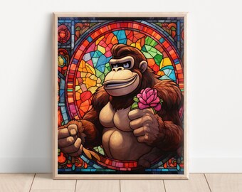 Donkey Kong Stained Glass Art Print, DK Art Print, Video Game Art, Donkey Kong Country Art, Super Smash Bros Art, Video Game Art, Gamer Room