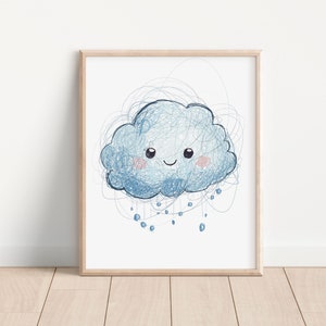 May include: A framed print of a blue cartoon cloud with a smiling face and raindrops falling from it. The cloud is drawn in a scribbled, whimsical style.