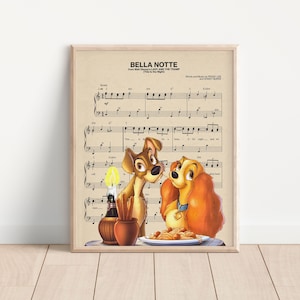 Lady and The Tramp Themed Music Sheet Art Print, Art Movie Poster, Home Decor Art, Princess Artwork, Kids Room Art