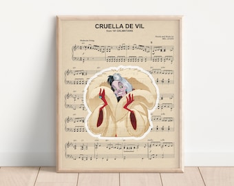 Cruella De Vil temática música arte impresión, 101 dálmatas cartel de arte, impresión de película, arte de la habitación de los niños, arte de la princesa, regalo de boda