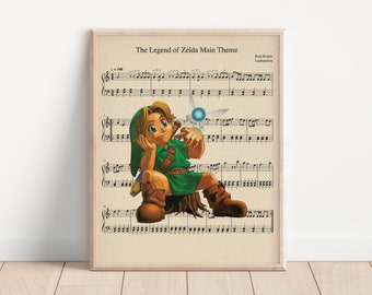 Legend of Zelda Theme Sheet Music Art Print, Video Game Art Print, Legend of Zelda Majora's Mask Poster, Young Link Art Print, Gamer Room