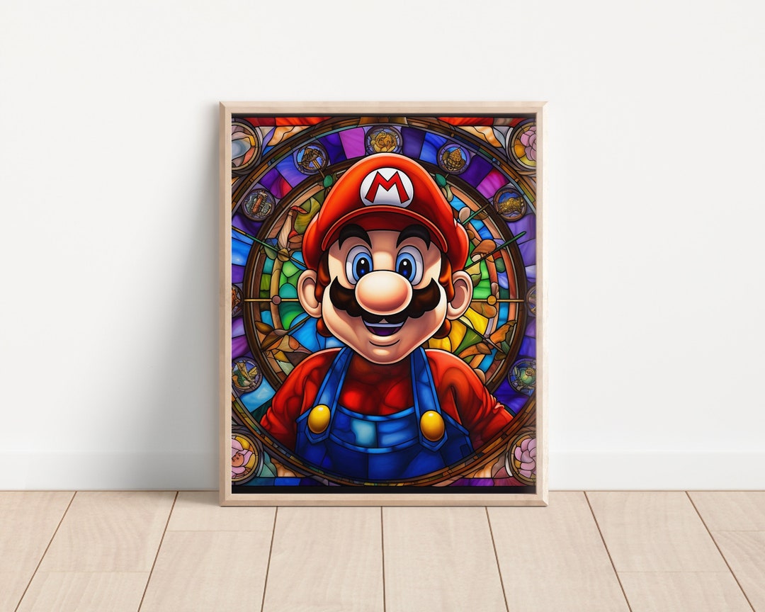 Super Mario Stained Glass Art Print, Video Game Art, Super Mario Decor