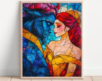 Stained Glass Beauty and The Beast Artwork, Digital Downloads, Princess Art Decor, Abstract Art, Living Room Wall Art