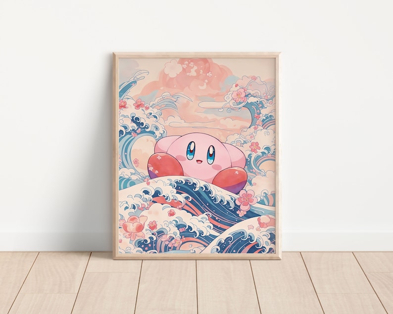 May include: A pink cartoon character with a big smile is riding a blue wave with white foam. The background is a light pink and blue sky with white clouds and pink flowers.