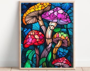 Stained Glass Mushroom Wall Art, Digital Downloads, Abstract Art, Fantasy Artwork, Home Art Decor, Living Room Art