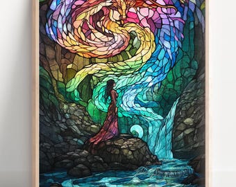 Stained Glass Princess and Dragon Art Print, Digital Download, High Quality, Art Wall Decor, Princess Wall Art, Fantasy Art