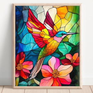 Stained Glass Bird With Flower Art, Digital Download, Fantasy Artwork Home Decor, Wall Art, Living Room Art