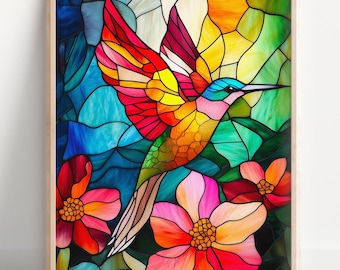 Stained Glass Bird With Flower Art, Digital Download, Fantasy Artwork Home Decor, Wall Art, Living Room Art