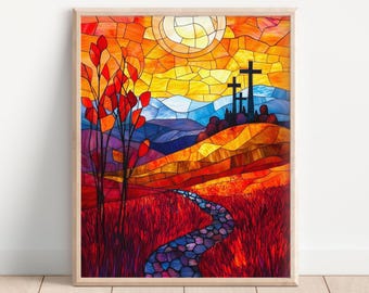Stained Glass Red Field Landscape Art, Digital Downloads, Art Wall Decor, Living Room Art, Holy Art