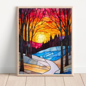 Stained Glass Winter/Autumn Scene, Digital Downloads, Art Wall Decor, Landscape Art, Abstract Artwork